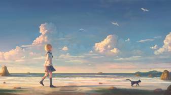 4k hd Anime Girl walking on Beach and Cat Wallpapers