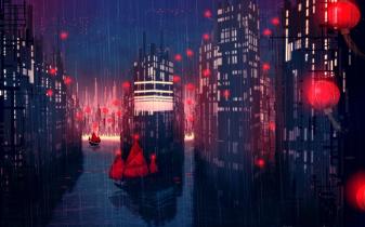 Red and Dark Anime City Background
