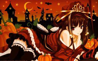 Art, Anime, Girl, Pumpkin, Halloween, Desktop Wallpaper image