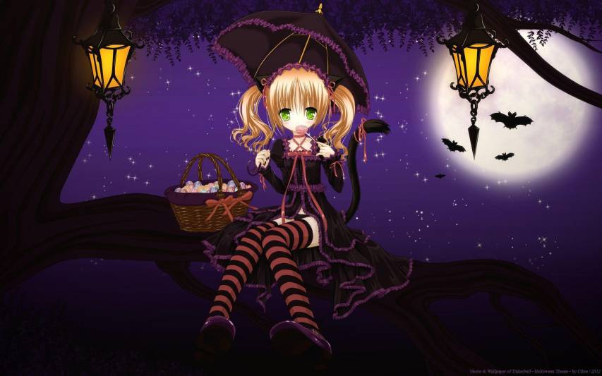 Anime, Halloween, Bats, Girl, Pumpkin, High quality Wallpaper