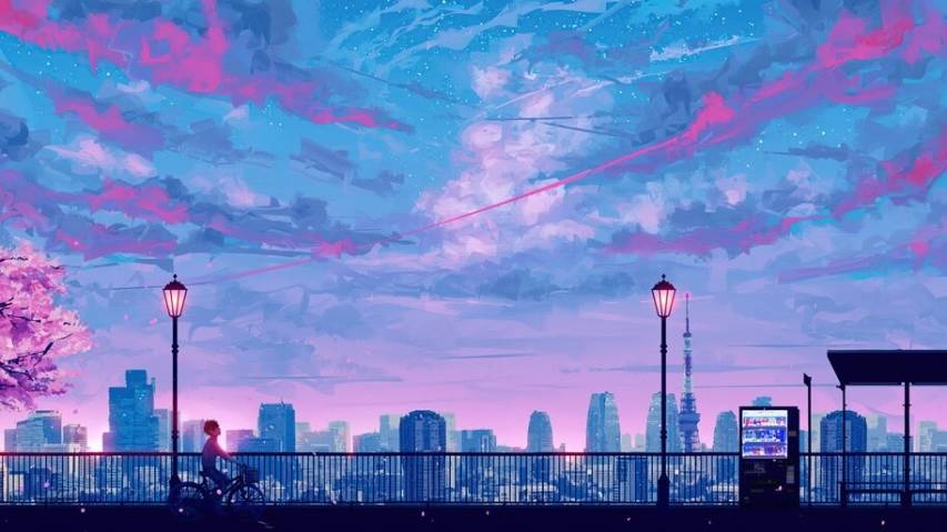 Night Anime Sky and City Landscape Wallpapers