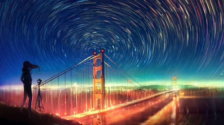 Bridge, Girl, city, Night Anime Landscape free Wallpapers