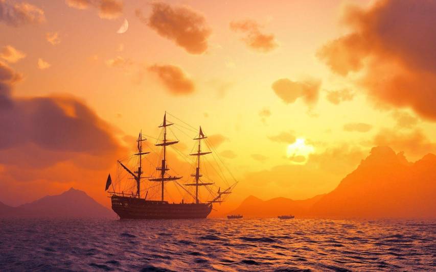 Sunset, Sailing, Desktop, Pirate Ship Wallpaper