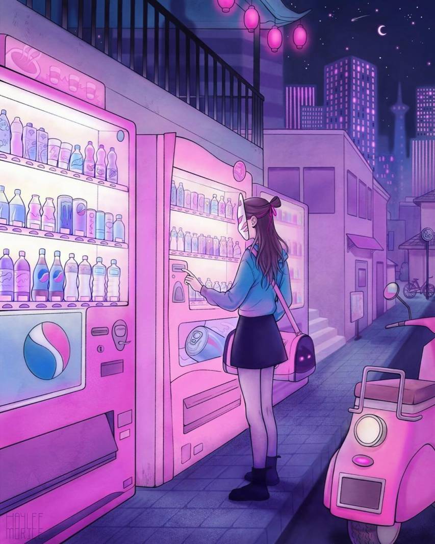 City, Neon, Girl, Anime Purple Aesthetic Phone Backgrounds